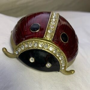 Vintage Red Enamel Ladybug Trinket Box- Heavy Pewter- Faceted glass crystals
